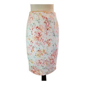 ATTENTION SZ 2 Textured Floral Print Midi Pencil Skirt White Green Red Yellow